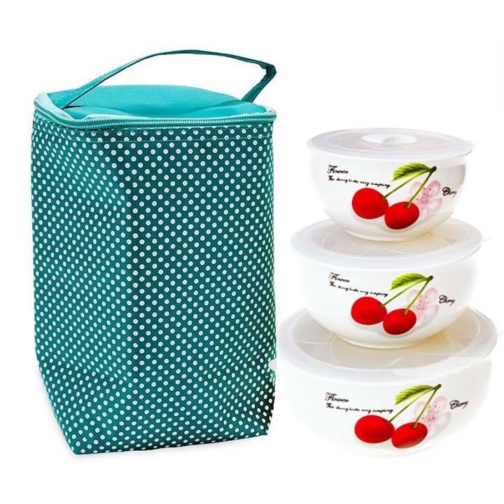 Bộ 3 tô sứ mang cơm văn văn phòng dùng được cho lò vi sóng và túi giữ nhiệt