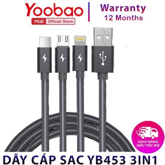 Dây cáp sạc YOOBAO YB453 3 IN 1 ip, micro, type C, bọc vải dù siêu bền, dài 1.2m - Hàng nhập khẩu