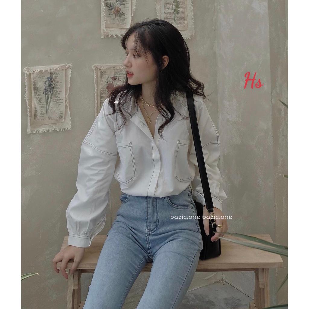 Sơ mi basic tay phồng viền chỉ nổi