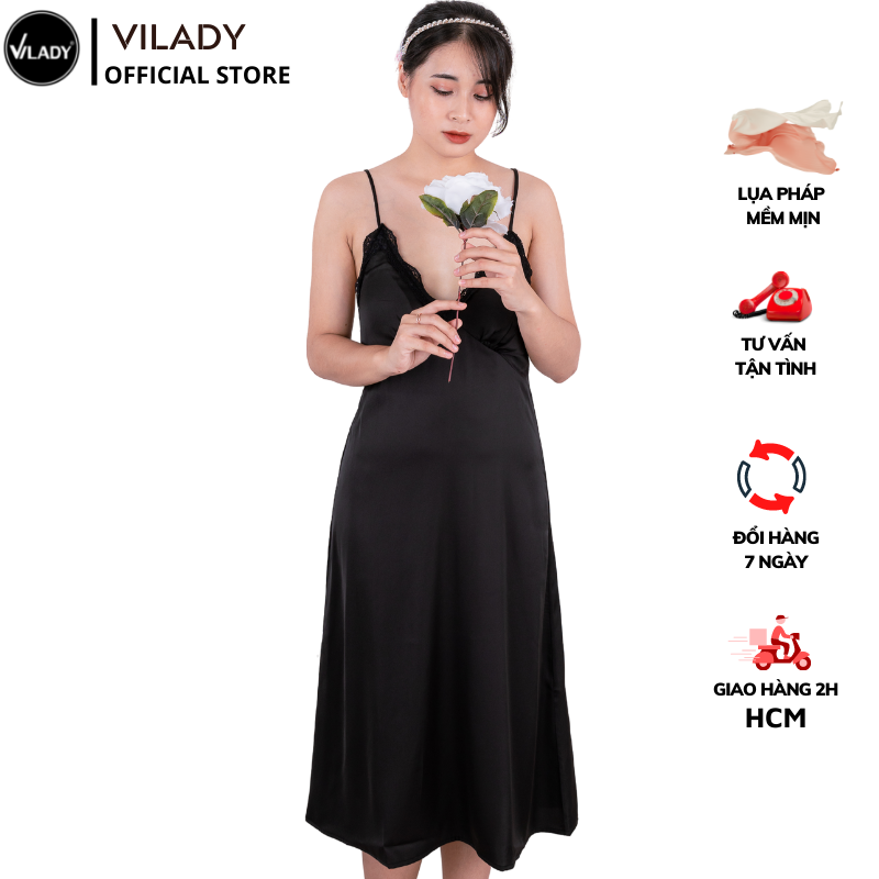 Đầm ngủ, Váy ngủ lụa Pháp (Lụa Latin) thiết kế 2 dây chéo lưng phối ren cao cấp VILADY - V148 (Màu Đen)