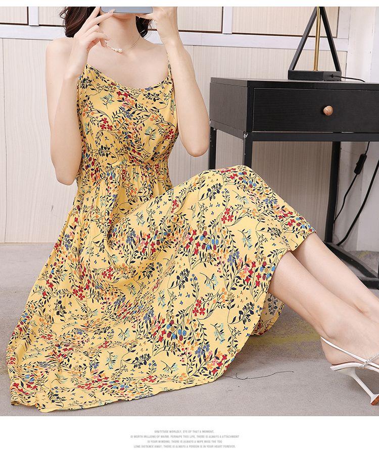 DONGSHOP Mùa hè 2023 Hàn Quốc phiên bản có thể điều chỉnh treo vest đầm mỏng mỏng trung bình dài hoa bãi biển váy