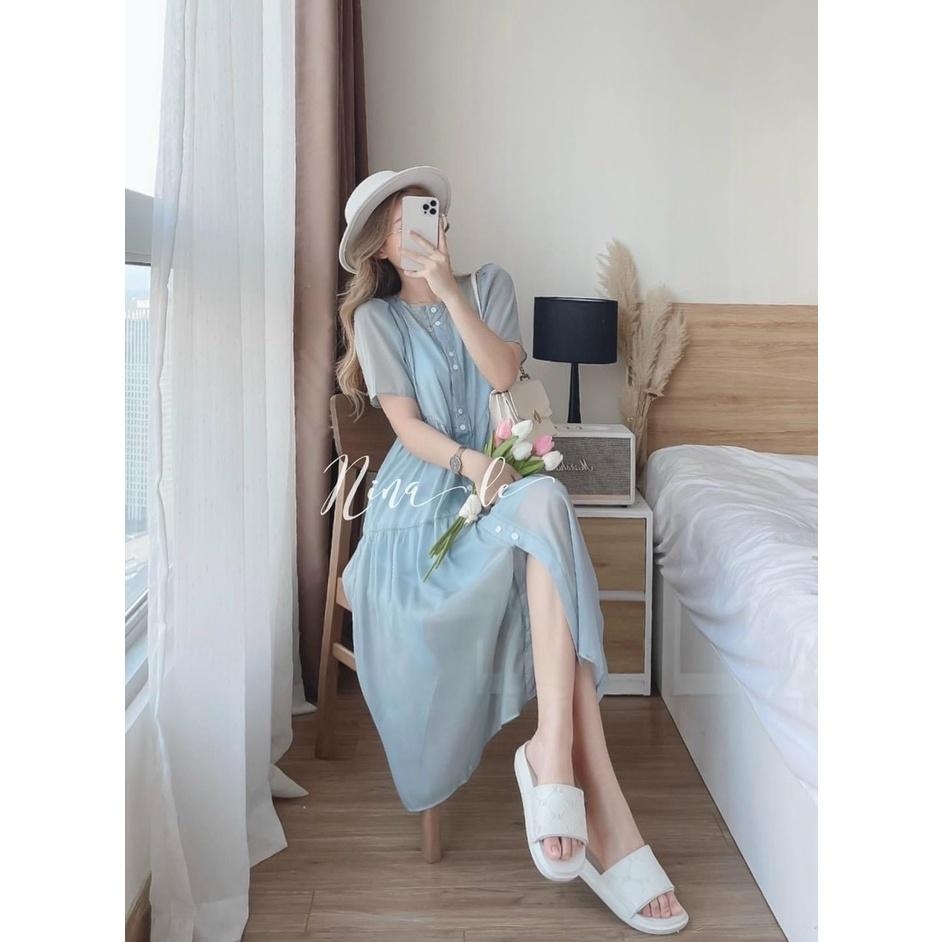 Đầm babydoll tiểu thư cổ tròn cài nút nhún tầng xinh xắn