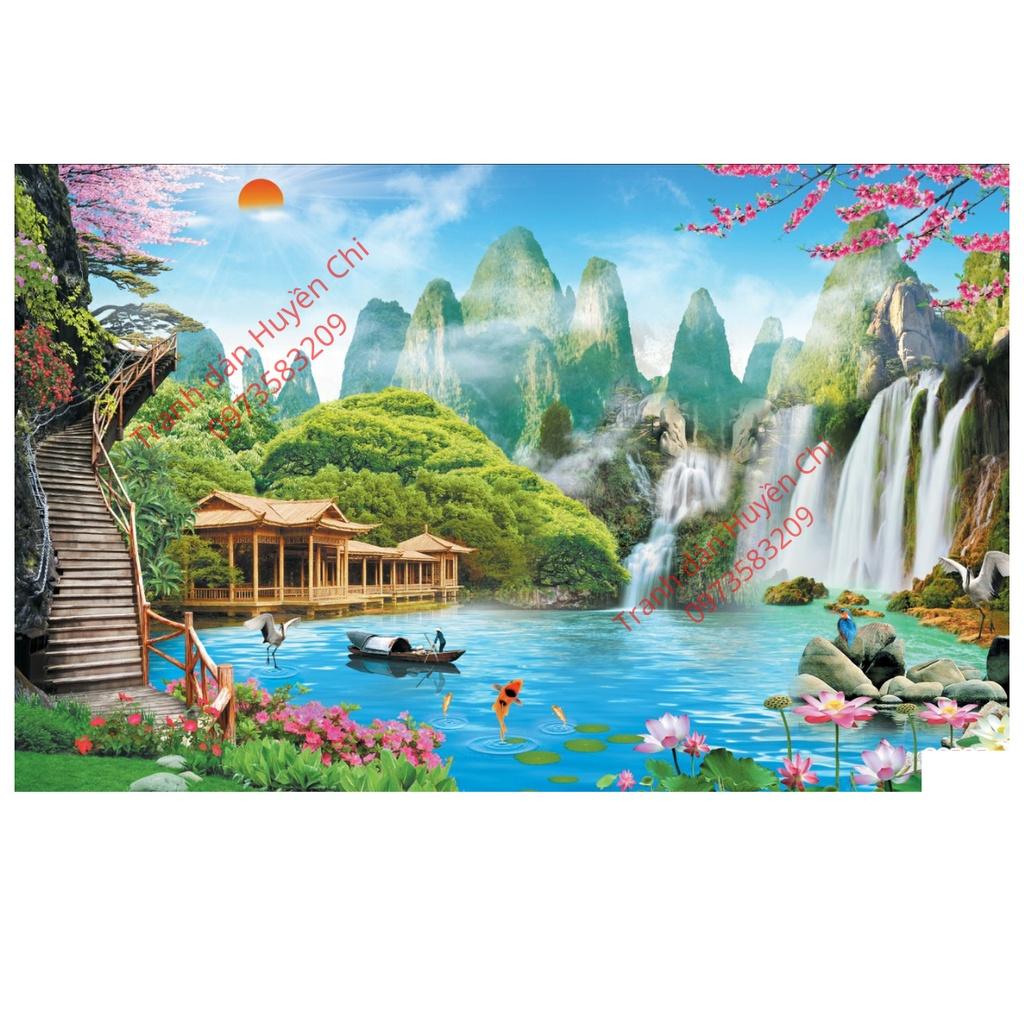 Tranh dán tường 3d phong cảnh Sơn Thuỷ Hữu Tình- Chất liệu vải lụa cao cấp- Tặng kèo keo dán