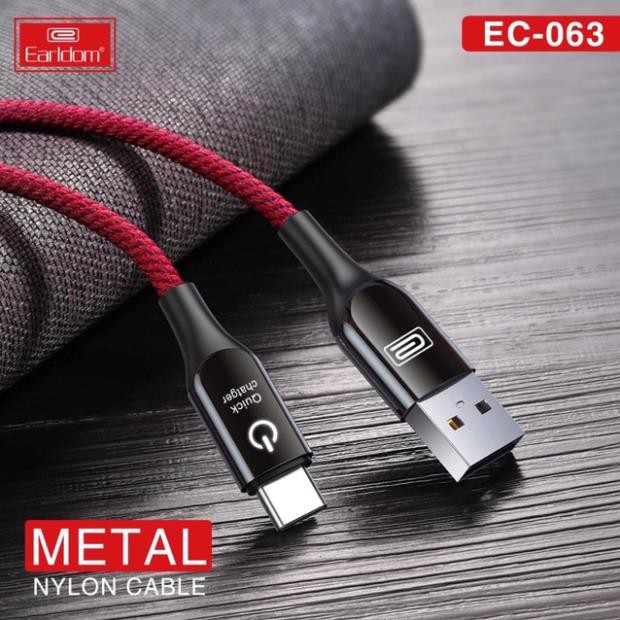 Cáp sạc bọc dù, tự ngắt Earldom EC-063 dài 1m, hỗ trợ sạc nhanh cho iPhone/Samsung/Oppo/Xiaomi, tự ngắt khi pin đầy - hàng chính hãng