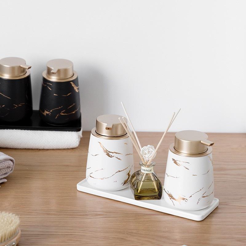 Bình Đựng Sữa Tắm, Dầu Gội Chất Liệu Gôm Sứ Cao Cấp, Lọ Sứ Vân Đá Sang Trọng Dung Tích 400ml