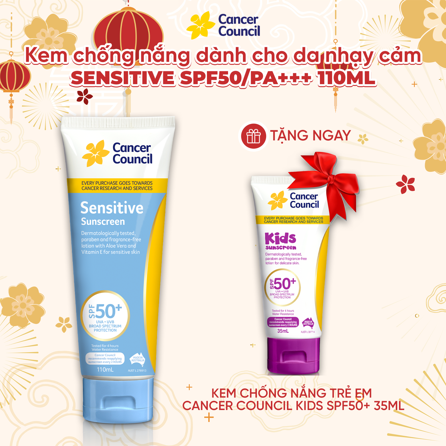 Kem chống nắng cho da nhạy cảm Cancer Council Sensitive SPF 50+/PA++++ 110ml