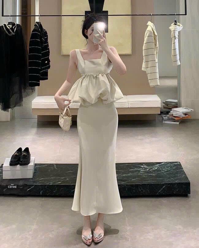 SET ĐI TIỆC, SET 2 MÓN ÁO BÍ CỔ VUÔNG DÂY PHỐI CHÂN VÁY ĐUỐI CÁ DÀI CỰC HOT - White