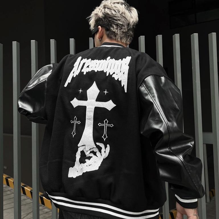 Bomber tay da , varsity jacket nam nữ chất dạ 2 lớp , áo khoác bóng chày local brand unisex - Gin Store