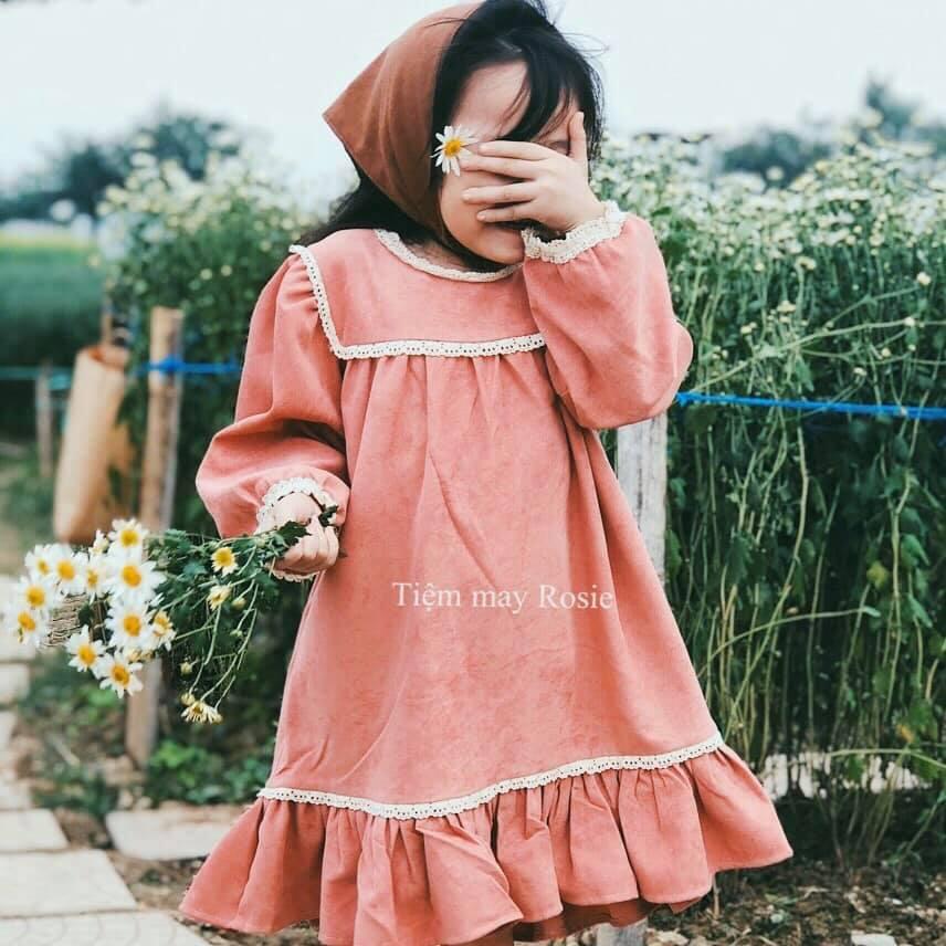 Váy nhung viền ren ROSIE V04 chất nhung mịn mềm cho bé gái từ 7-36kg