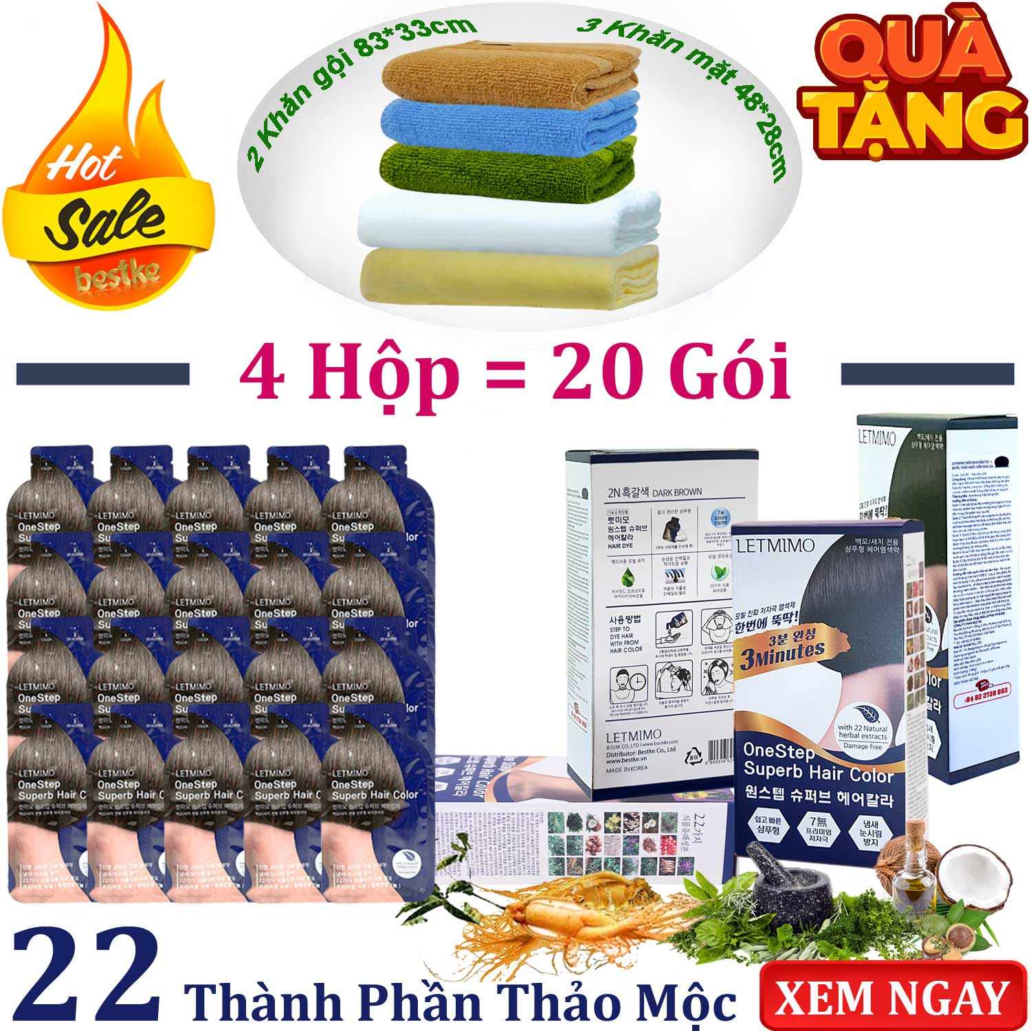 Bộ 4 Hộp = 20 gói màu nhuộm tóc thảo mộc Nâu Đen_2N LETMIMO + QUÀ TẶNG 2 khăn gội 83*33 &amp; 3 khăn mặt bestke 48*28cm