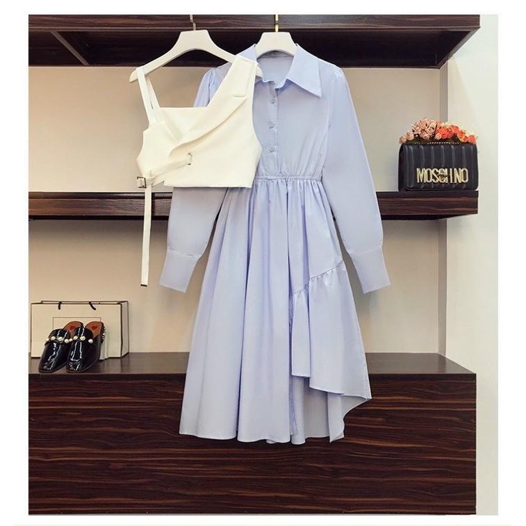 Set đồ đôi Hàn Quốc áo cặp sơ mi đầm xòe màu xanh dành cho couple