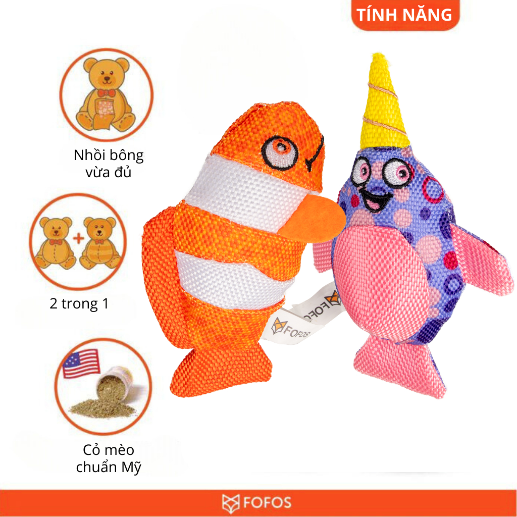 Đồ chơi cho mèo FOFOS, Combo đồ chơi hình cá nemo &amp; cá nhà táng, Chứa catnip, Chịu được cào cắn, Giúp vệ sinh răng miệng