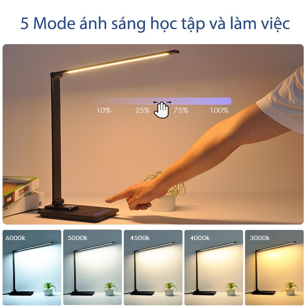 Đèn bàn LED Kim loại 5 chế độ ánh sáng, Tích hợp sạc nhanh không dây 10W