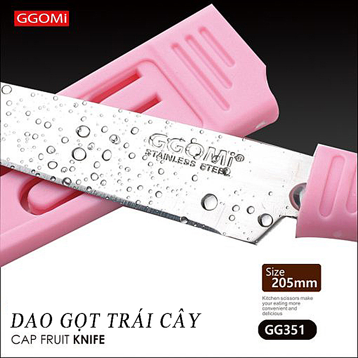 Dao gọt trái cây màu hồng có nắp bảo vệ dài 20.5cm, lưỡi dài 10.5cm, thép không gì GGOMi Hàn Quốc GG351