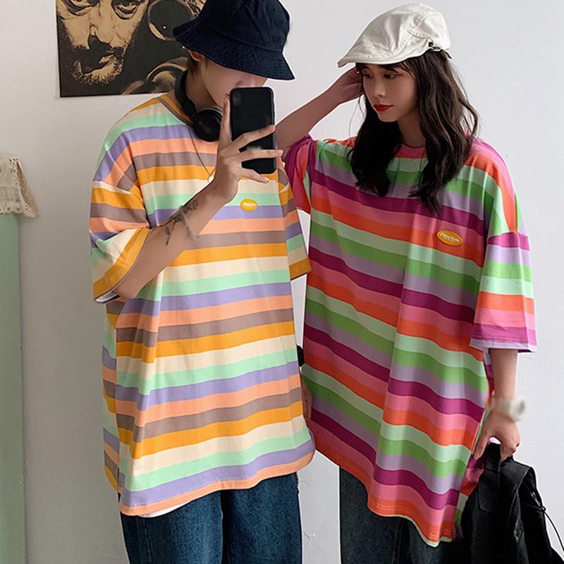 Women's Summer Casual T Shirt Short Sleeve O-Neck Rainbow Striped Loose Tee Lovers Tops