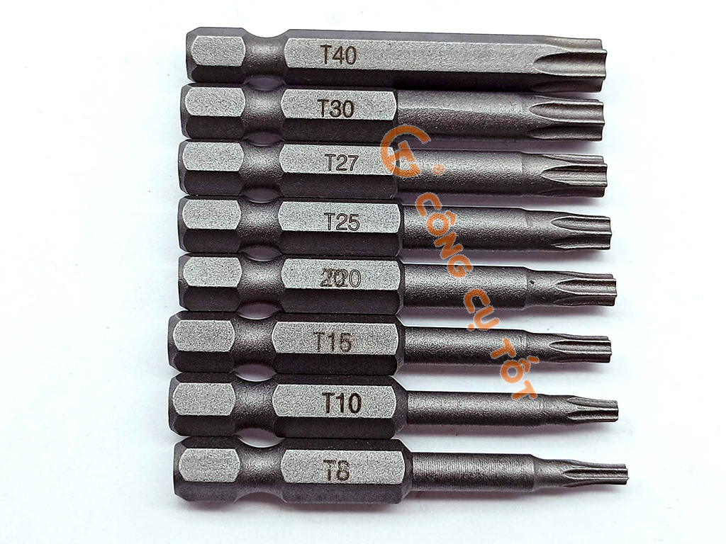 Bộ 8 đầu bắt vít hính sao lỗ 50mm các cỡ T8, T10, T15, T20, T25, T27, T30, T40