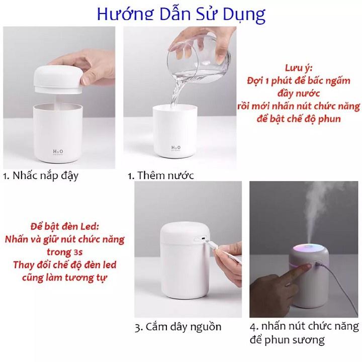 Máy Phun Sương Tạo Độ Ẩm Khuếch Tán Tinh Dầu H2O Đèn Led 7 Màu Mini Dung Tích 300ml