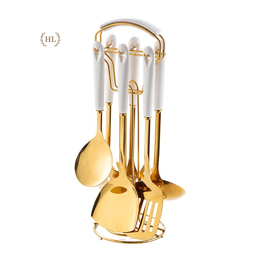 BỘ MUÔI CANH XẺNG INOX VÀNG GƯƠNG CÁN SỨ KÈM GIÁ TREO | BỘ MUÔI VÁ VÀNG GƯƠNG CAO CẤP