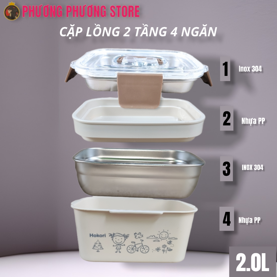 Cặp lồng inox 2.0L cao cấp / ca men 2 tầng 4 khay / đựng cơm thức ăn chia, thích hợp cho sinh viên nhân viên văn phòng xem kỹ mô tả