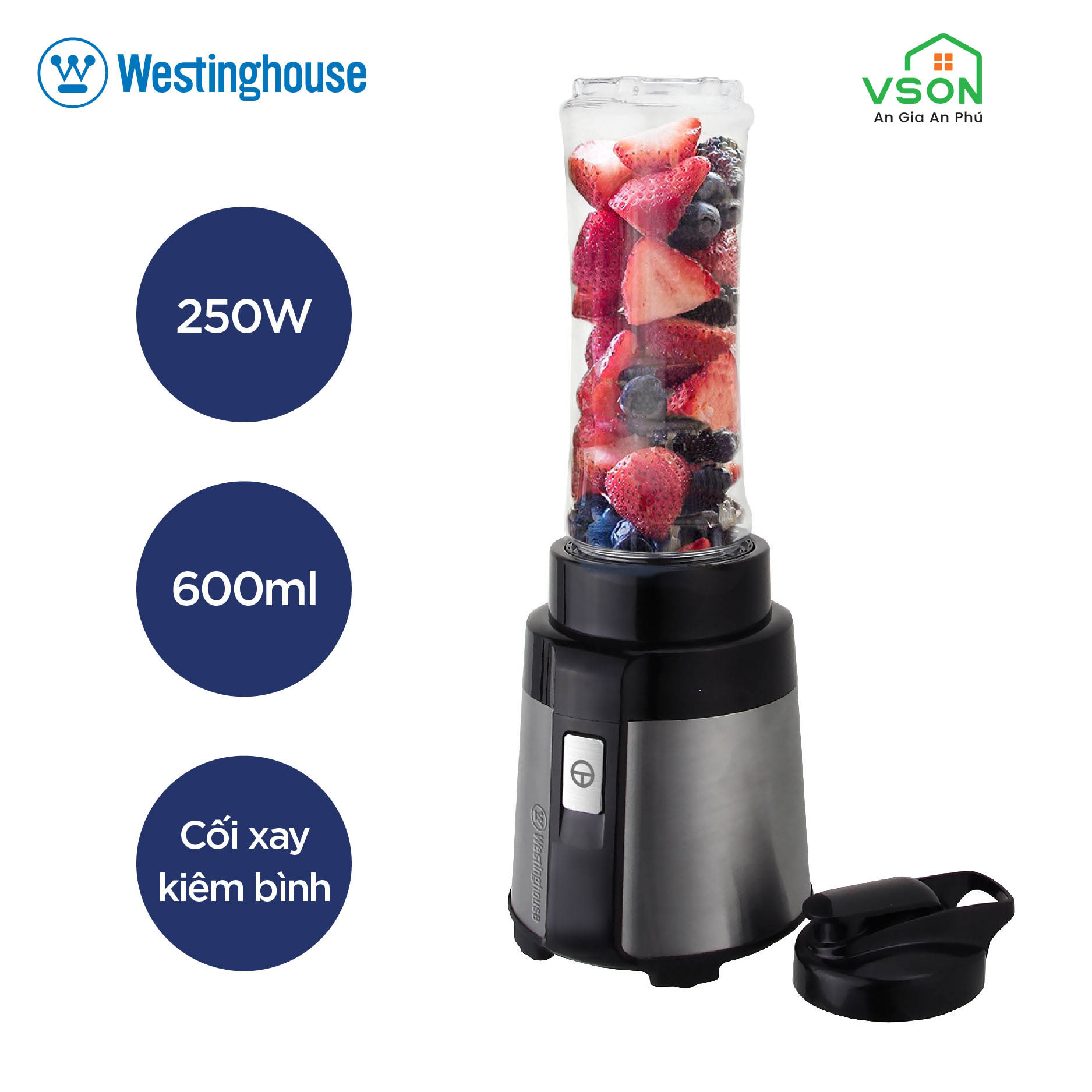 Máy xay sinh tố mini Westinghouse WKBE09GY Dung tích 600ML Công suất 250W - Hàng chính hãng Mỹ