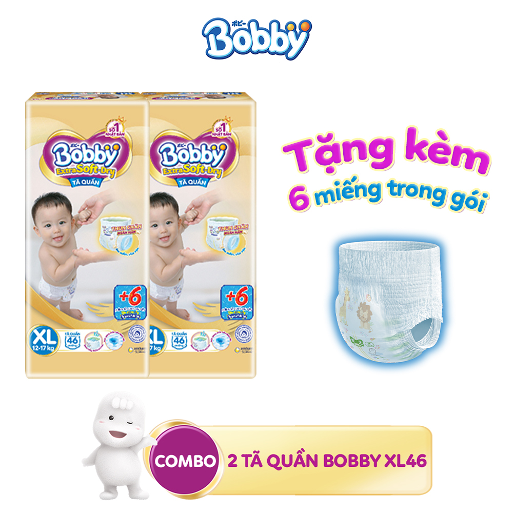 [Tặng kèm 6 miếng trong gói] Combo 2 Tã quần Bobby Extra Soft Dry XL46 dành cho bé 12 -17kg