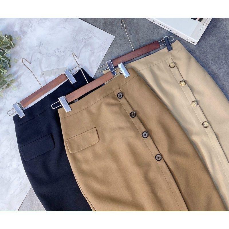 Chân Váy Bút Chì Xẻ Trước Đính Cúc dáng dài