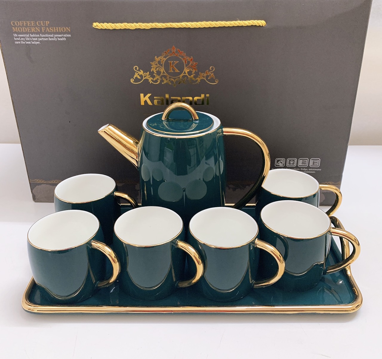 Bộ ấm chén kèm khay sứ sương Kalandi phong cách Châu Âu sang trọng màu xanh cổ vịt - ANTH477