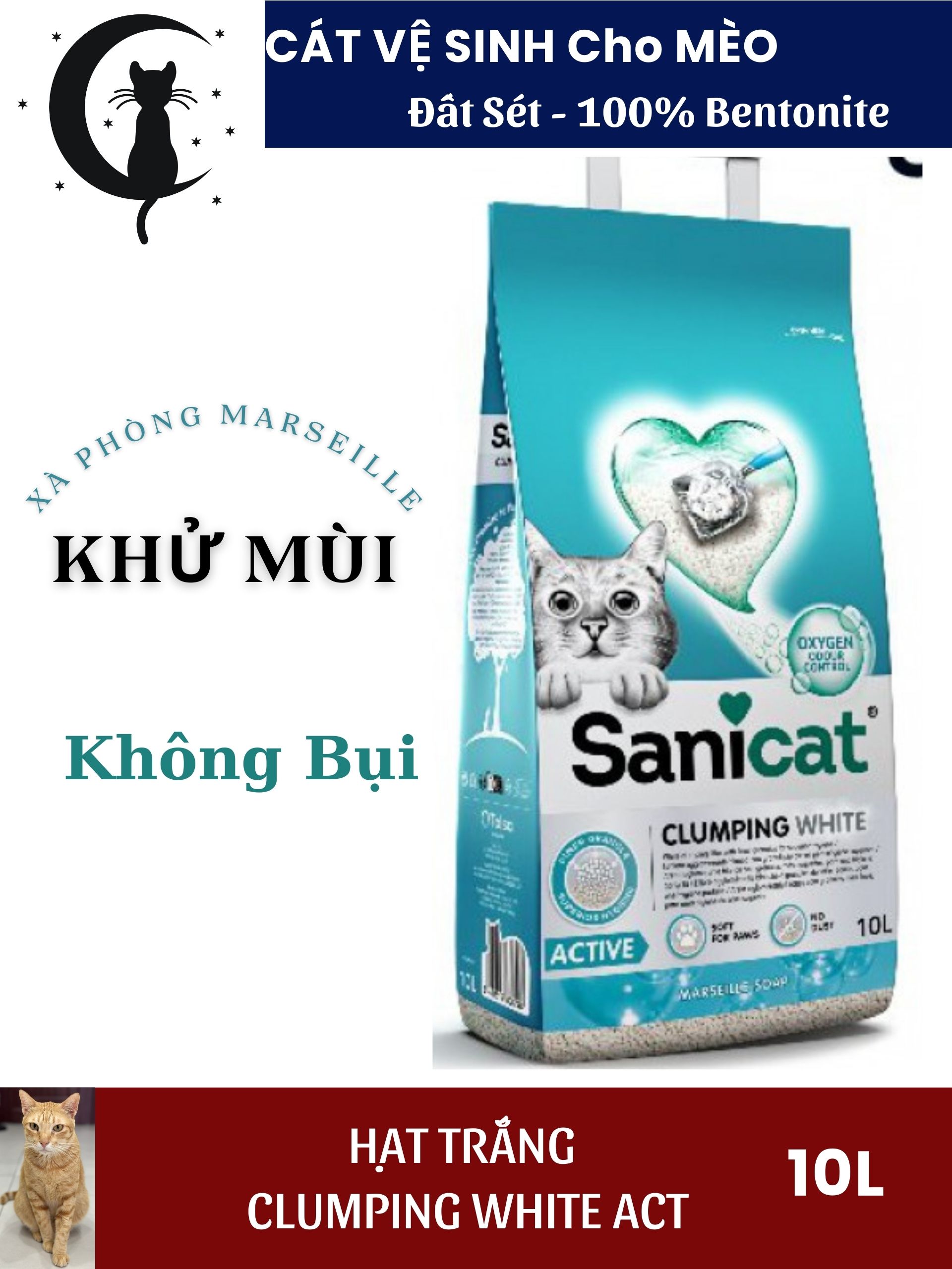 SANICAT Cát Vệ Sinh Mèo HẠT TRẮNG 10L [CLUMPING WHITE ACT] | Đất Sét Bentonite