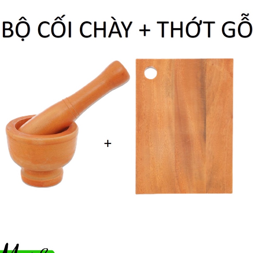 Bộ cối chày gỗ kèm thớt gỗ - KT cối chày 12cm kèm thớt gỗ chữ nhật KT 25 x 20 x 2cm
