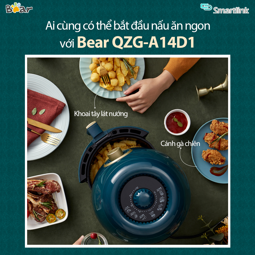 Nồi Chiên Không Dầu Bear QZG-A14D1 3L - Lòng Nồi Bằng Thép Không Rỉ - Giảm lượng chất béo tối đa An toàn sức khỏe - Bản Quốc Tế - Hàng chính hãng