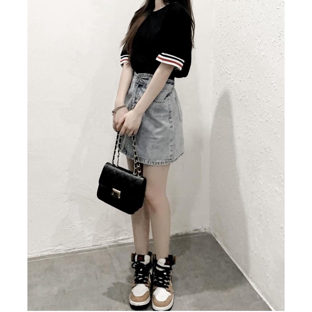 Áo Thun Đen Cổ Tròn Unisex Thome Tay Bo Sọc Cộc Tay