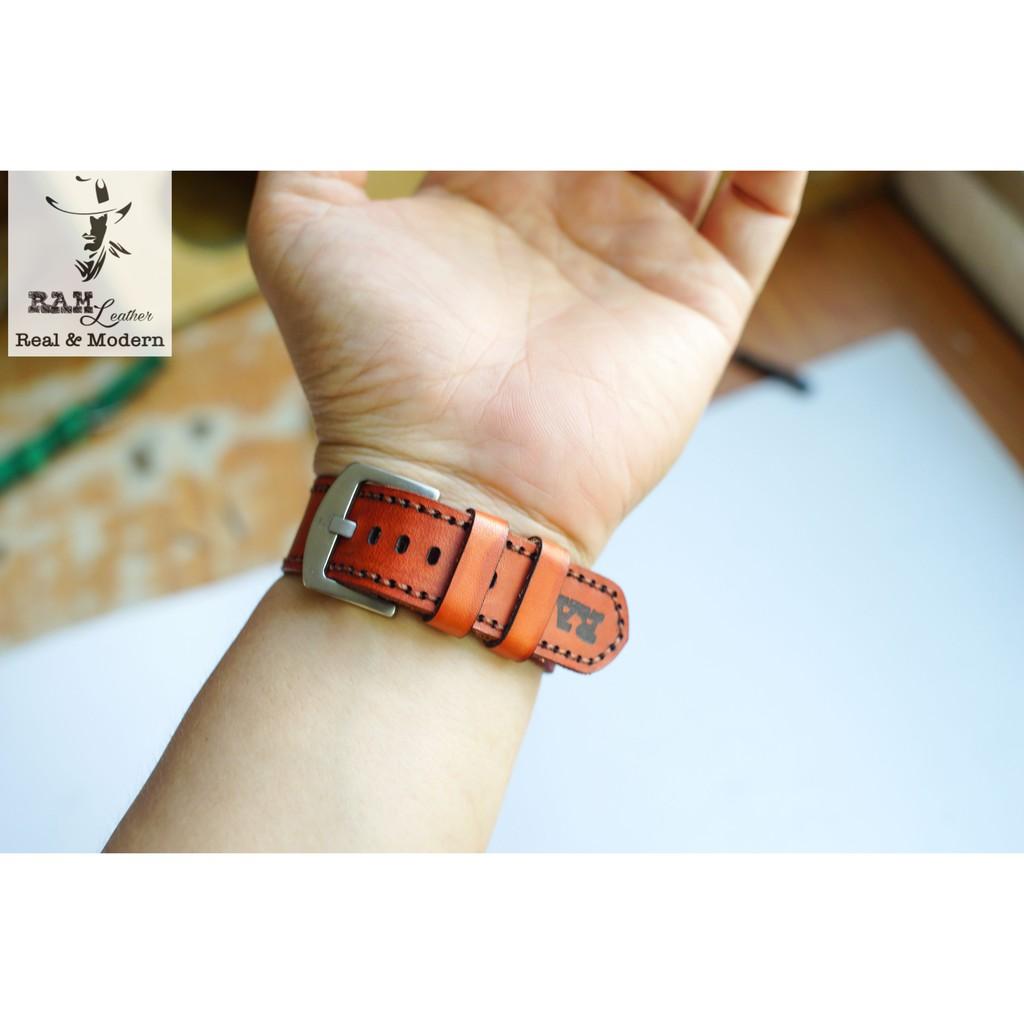 Dây đồng hồ trống đồng da bò vegtan thảo mộc Ý bền chắc nhuộm thủ công màu cam