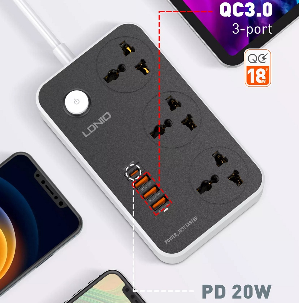 Ổ cắm điện đa năng 7 in 1 hỗ trợ sạc nhanh 38W PD 20W tổng công suất 2500W ra 3 ổ cắm 3 chân, 1 PD Type C 20W và 3 USB QC 3.0 18W hiệu LDNIO SC3412