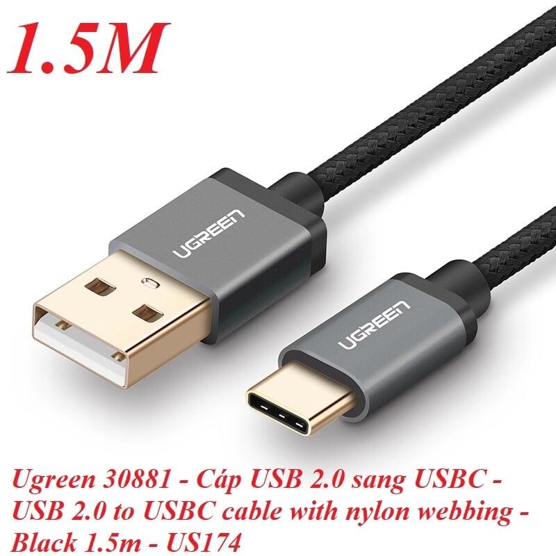 Ugreen UG30881US174TK 1.5M 3A Màu Đen Cáp USB TypeC sang USB 2.0 Hỗ trợ sạc nhanh dây bên Nylon - HÀNG CHÍNH HÃNG