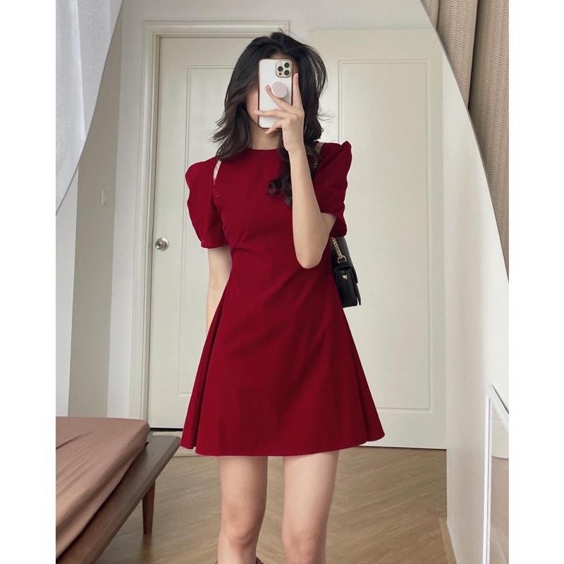 Đầm váy nhung đỏ tay bồng xẻ vai tiểu thư
