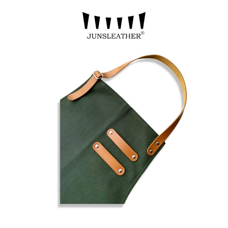 Tạp dề pha chế vải canvas dây da của Junsleather phối da bò cao cấp dành cho Barista/Bartender quán cà phê
