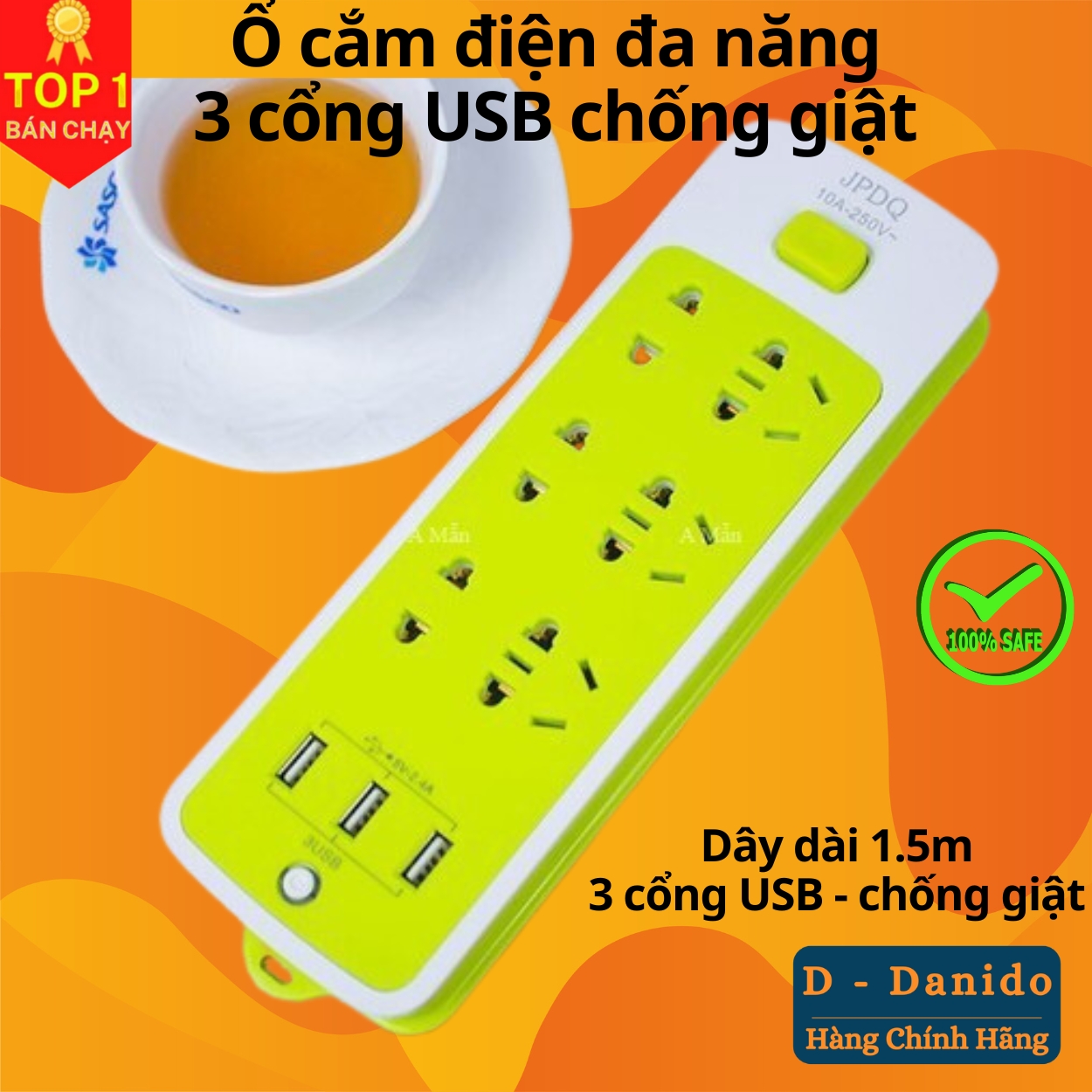 Ổ Cắm Điện Đa Năng Chống Giật Có 3 Cổng USB, Sạc Trực Tiếp, Tiết Kiệm Điện – Bộ Ổ Cắm Điện Xanh Lá Cao Cấp Chính Hãng - (Model ngẫu nhiên)