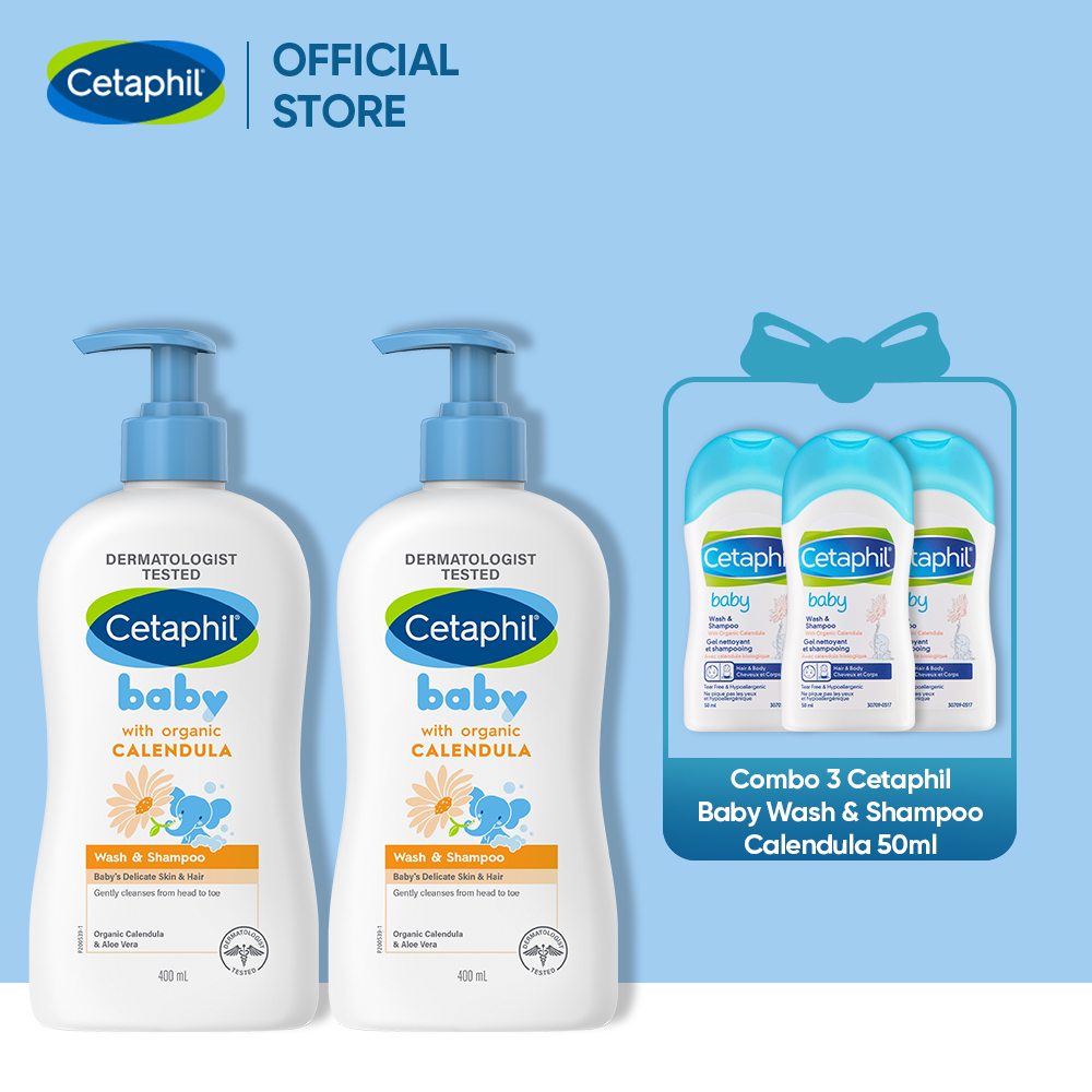 Combo 2 Sữa tắm gội dịu lành cho bé Cetaphil Baby Wash &amp; Shampoo with Organic Calendula 400ml/chai