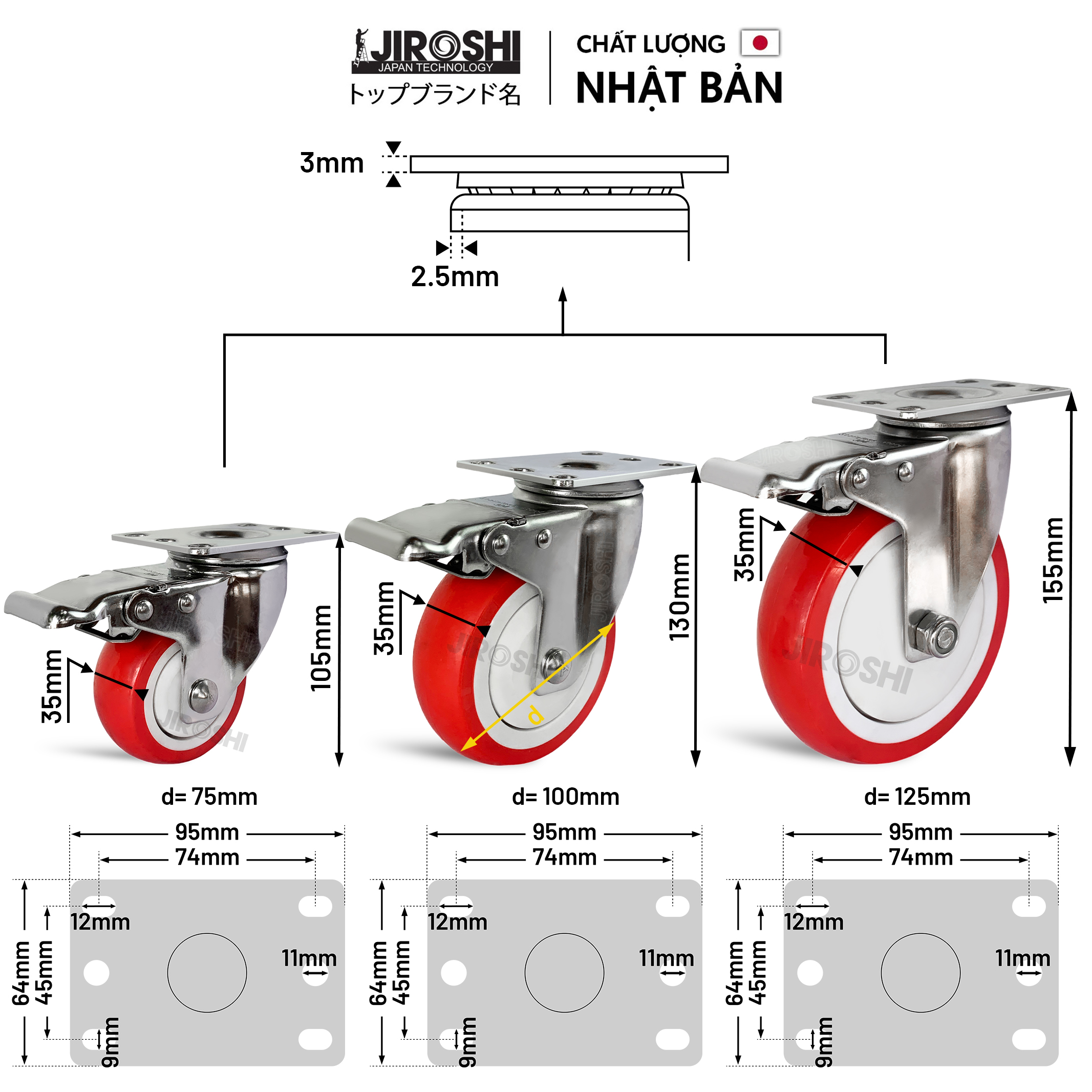 Bánh xe đẩy hàng chịu tải lớn JIROSHI Nhật Bản , Bánh xe nhựa PU Càng chất liệu INOX 304 chống ô xi hóa