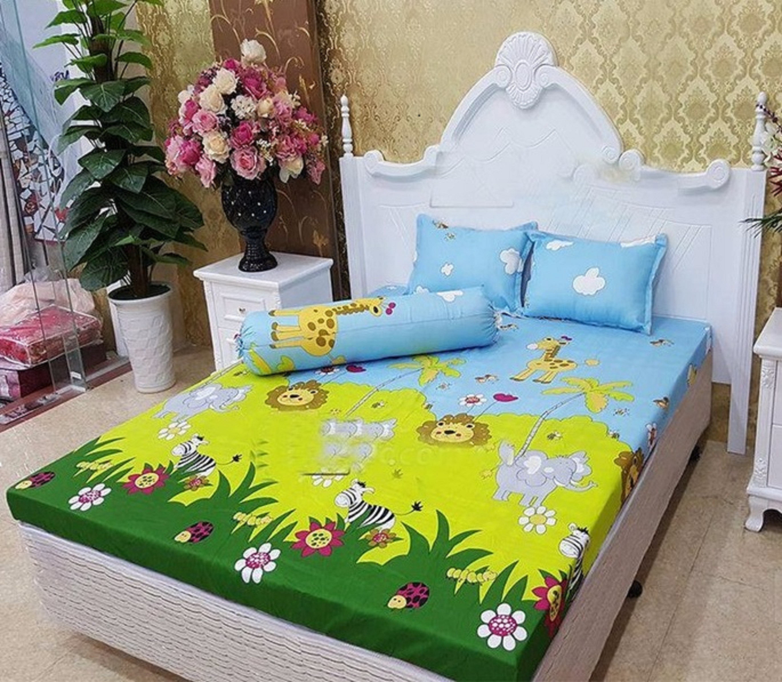 Set 5 món chăn hè ga chun Cotton Poly - Rừng Xanh - Tặng kèm 1 móc khóa Houston