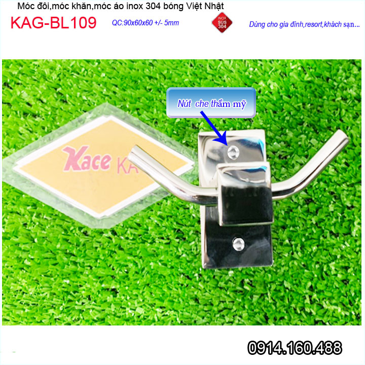 Móc khăn 2 Inox Kace KAG-BL109 , móc đôi SUS304 Nhật Bản móc treo đồ đế đúc vuông thiết kế cao cấp sử dụng tiện dụng