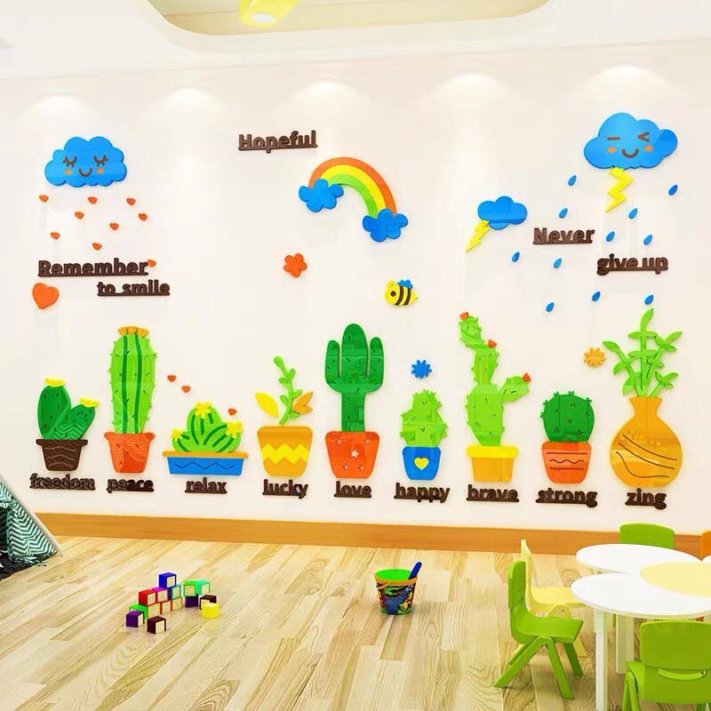 Tranh dán tường mica 3D chậu cây xương rồng trang trí chân tường, decal mica làm nổi bật phòng khách, cửa hàng, lớp học