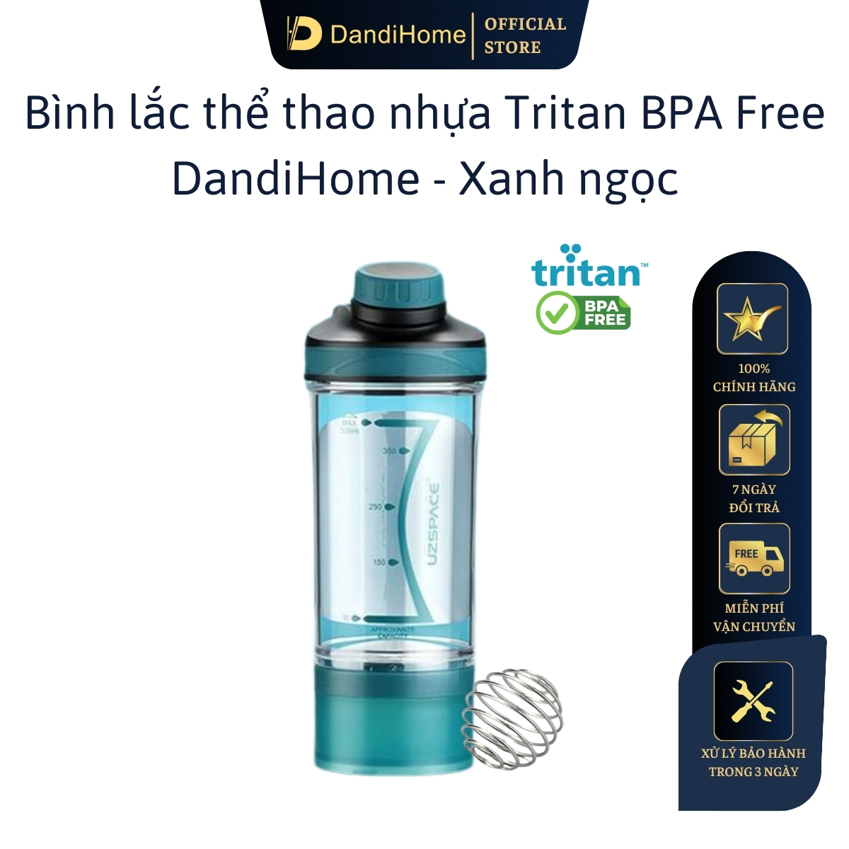 Bình lắc thể thao nhựa Tritan BPA Free DandiHome UZSPACE dung tích 500ml có khay chứa bột