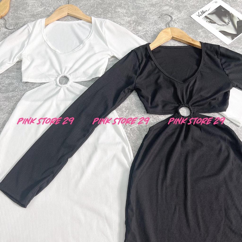 Đầm Body Tay Dài PINKSTORE29, Dáng Ôm Cut Out Khoen Ngực D085