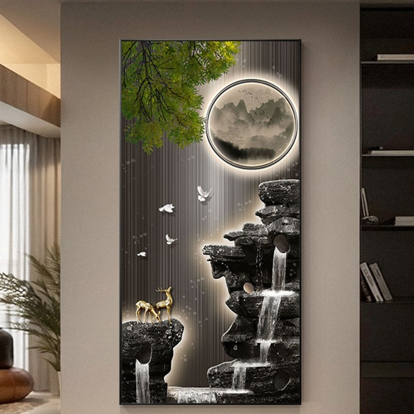 Tranh treo tường tráng gương đôi hươu vàng dưới ánh trăng kèm đinh treo