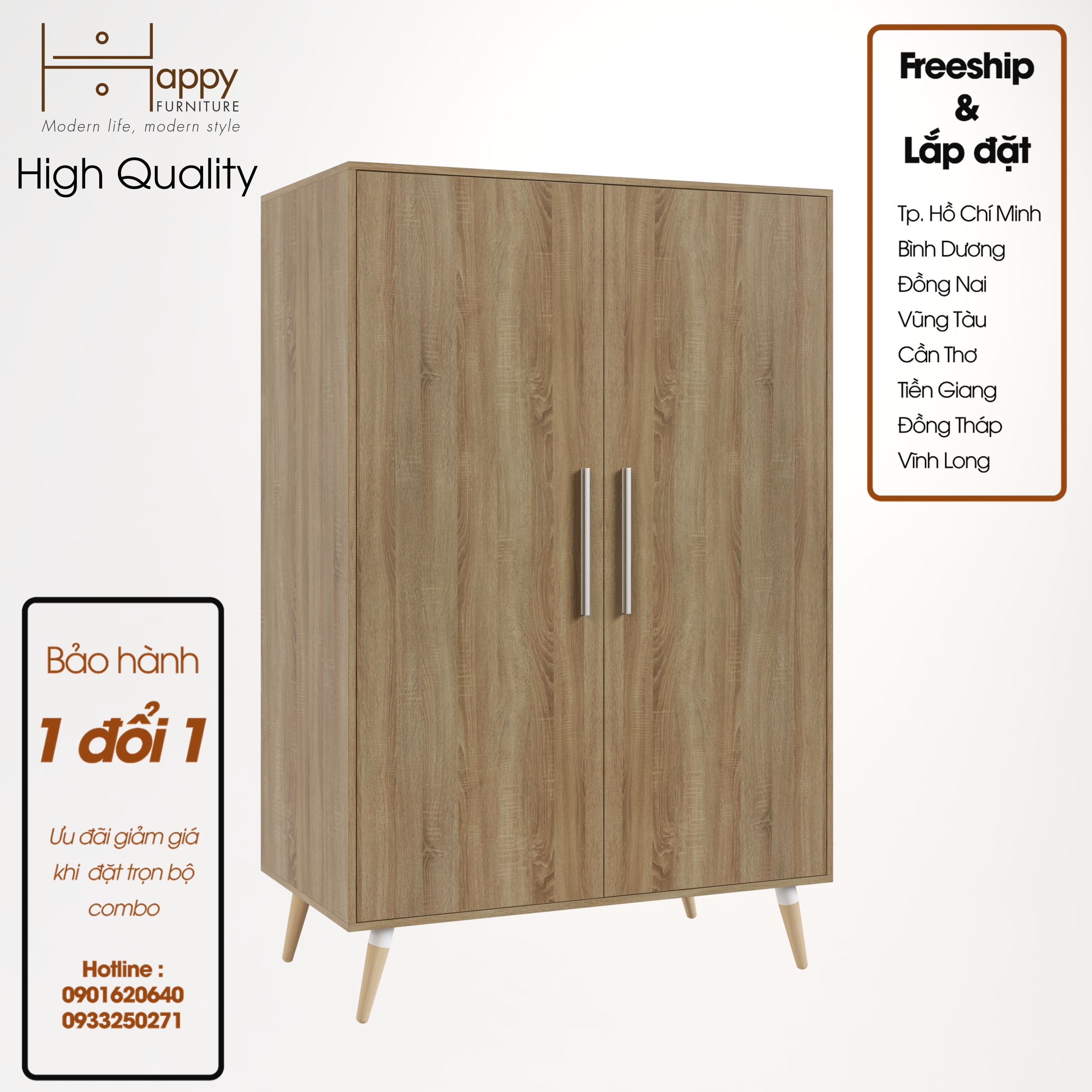 [Happy Home Furniture] OSRI, Tủ quần áo 2 cửa mở - chân gỗ chéo ,  120cm x 58cm x 180cm ( DxRxC), TCM_012