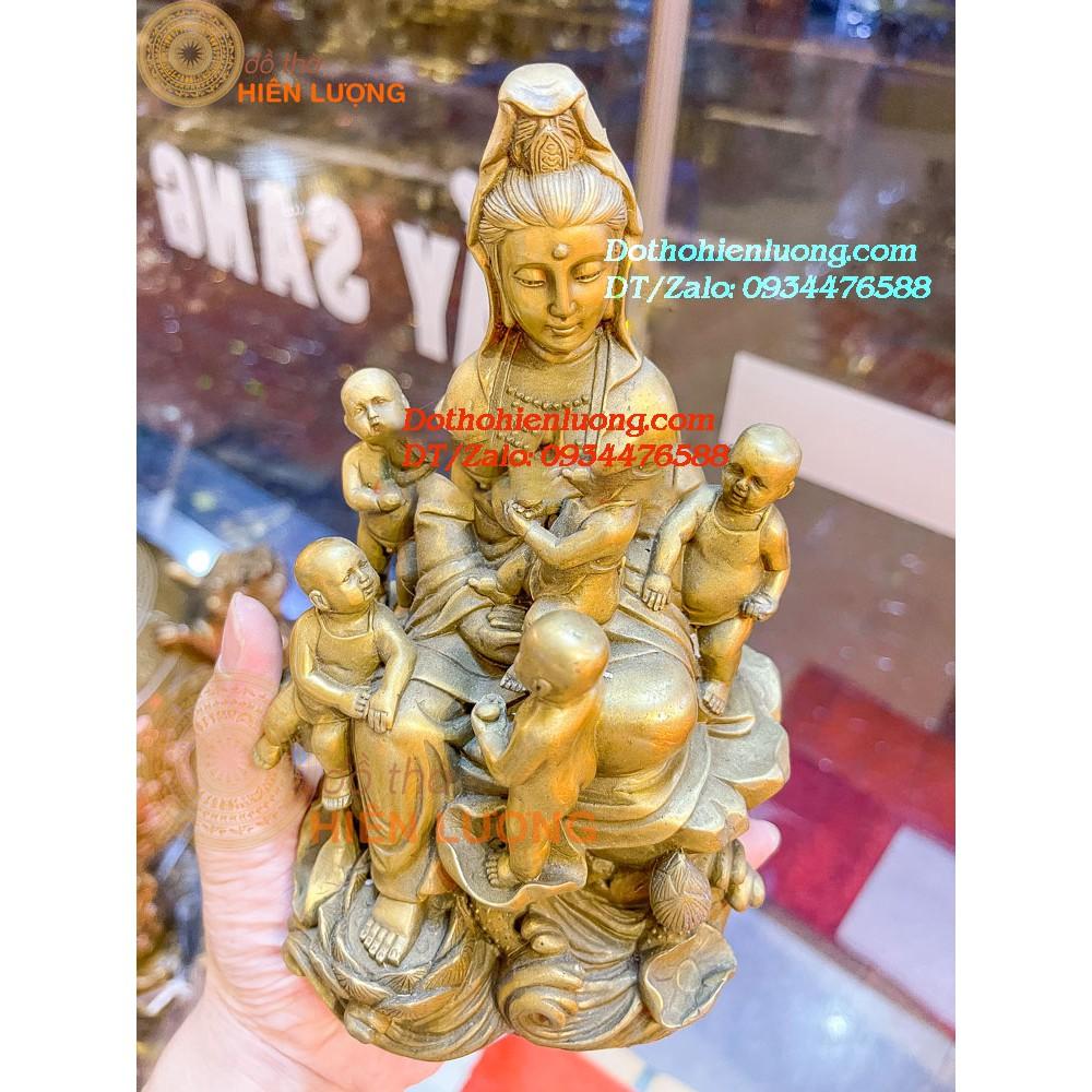 Tượng Phật Bà Quan Âm Cùng 05 Đứa Trẻ Ngũ Phúc Bằng Đồng Vàng Nguyên Chất Cao 18cm, Nặng 1,3kg