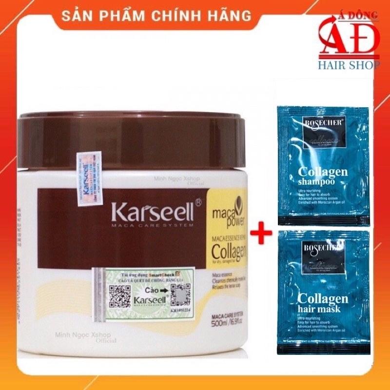 Kem ủ tóc Karseell Collagen Maca siêu mượt phục hồi tóc 500ml + Gội xả gói Bosecher kèm 5mlx2