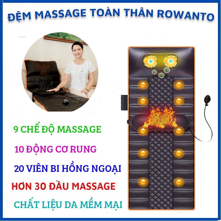 Đệm massage toàn thân Rowanto Nhật Bản Cao cấp Có túi hơi chống nhức mỏi, hỗ trợ giảm đau cơ bắp, thư giãn, giảm stress, lưu thông tuần hoàn máu