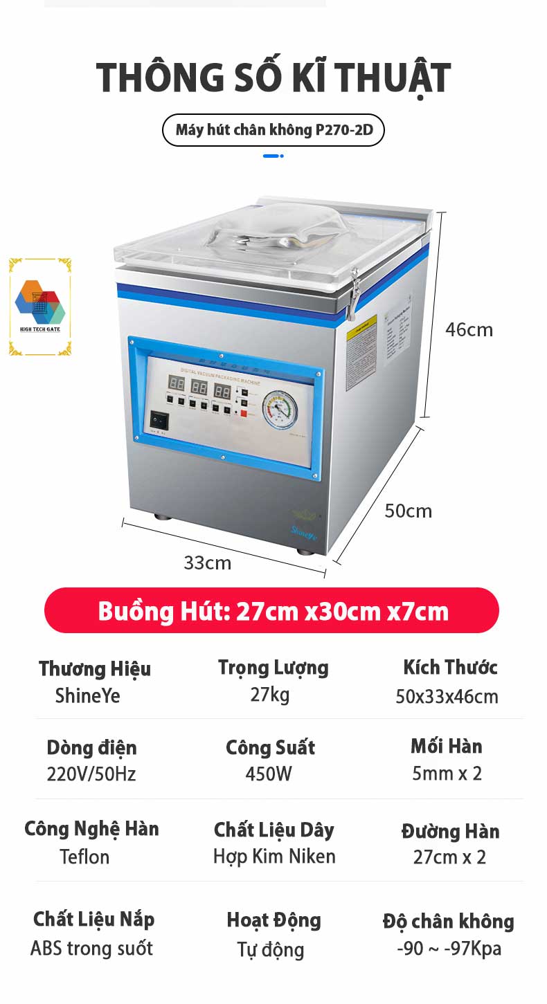 Máy hút chân không công nghiệp để bàn Shineye P270-2D hút mọi loại túi, đồ ướt dầu mỡ dễ dàng, tự động hoàn toàn, hàng chính hãng